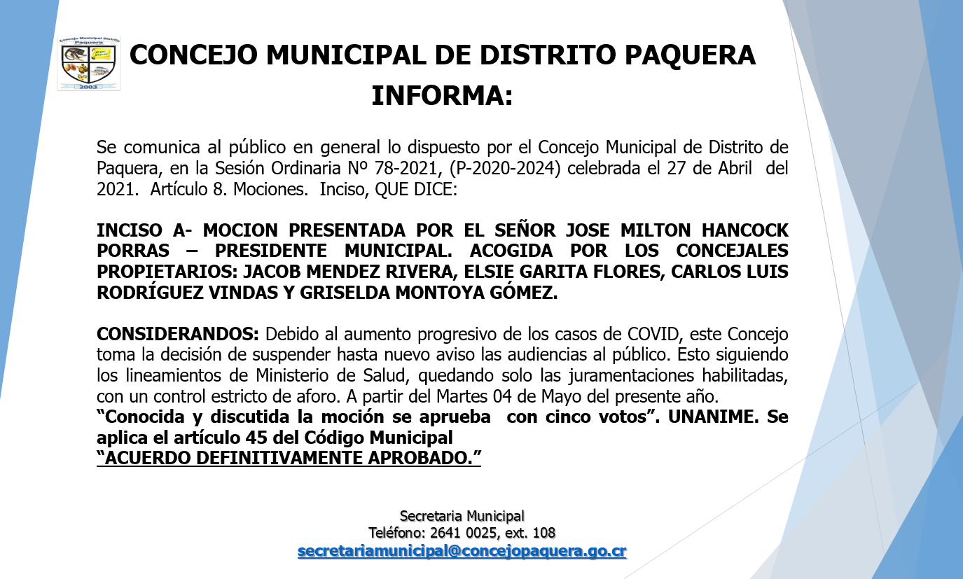 Concejo Municipal de Paquera suspende las audiencias al público hasta nuevo aviso 